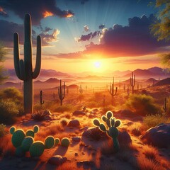 A serene desert landscape with a lone cactus and the sun setting on the horizon