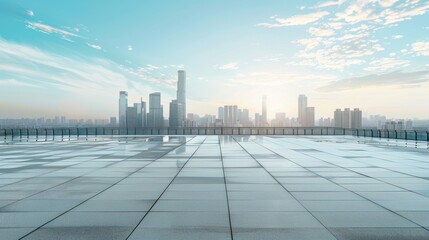 Empty square floor with city skyline background, Urban square with historical monument, iconic city landmark