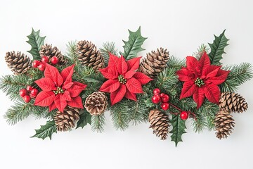 Christmas border with red poinsettia flowers, pine cones, and holly leaves on a white background