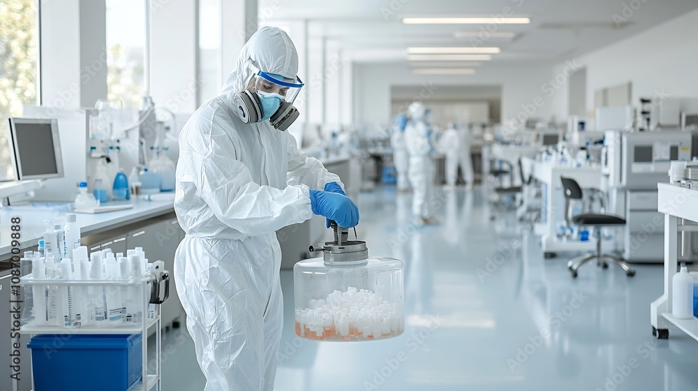 Poster skilled lab technician in hazmat suit and full face mask carefully pouring chemicals while conductin