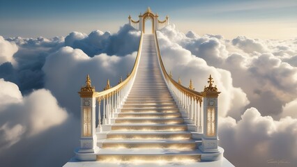 staircase and gate in heaven in the clouds, symbol of paradise
