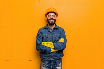 Smiling construction worker with arms crossed. Ideal for websites or social media promoting construction and renovation services.