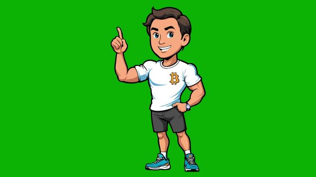 A cryptocurrency coach points to a Bitcoin coin that spins on its axis on a green screen chromakey background