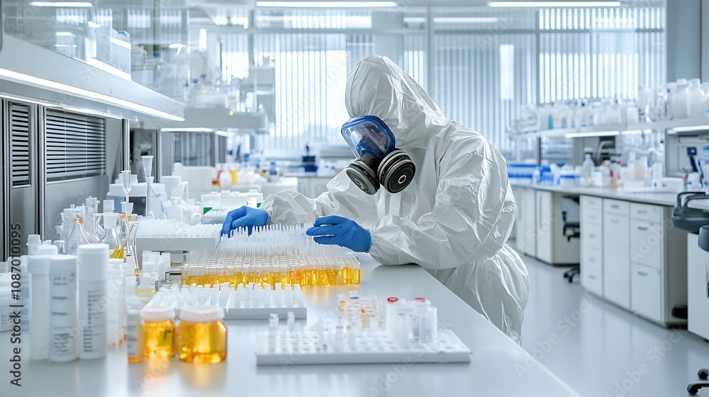 Poster scientist wearing white protective suit and gas mask carefully handling and testing hazardous chemic