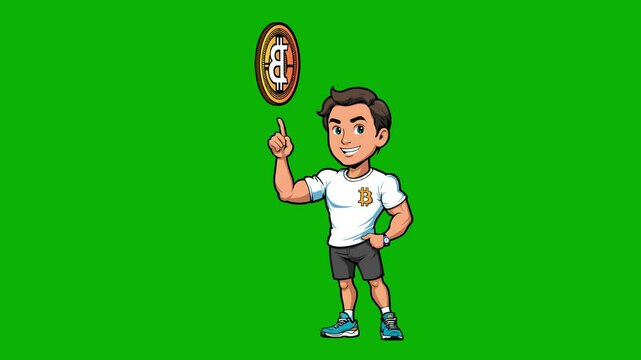 A cryptocurrency coach points to a Bitcoin coin that spins on its axis on a green screen chromakey background