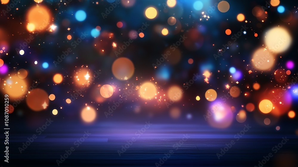 Poster multicolored bokeh lights of varying sizes and intensities fill the frame, creating a dynamic, festi