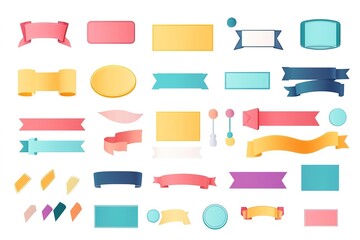 A large set of flat ribbons, banners, and speech bubbles in a vector illustration on a white background