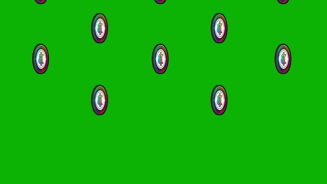 Lots of Bitcoin coins moving or faling down on the green screen