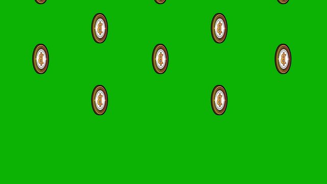 Lots of Bitcoin coins moving or faling down on the green screen