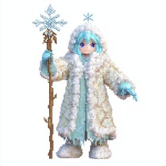 Frosty 8-bit Ice Mage NPC Character Model in Winter Coat Holding Snowflake Staff