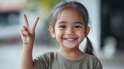 cheerful portrait of a young girl making a piece sign with her fingers