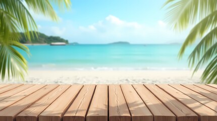 Wooden table top and blurred background with summer beach and sky for your product montage