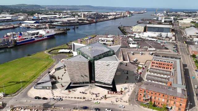 Drone shot of Titanic Belfast Museum, Northern Ireland, UK