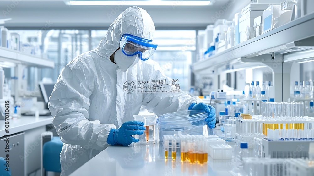 Poster technician wearing protective suit and goggles pouring liquid substance into a container in a steril