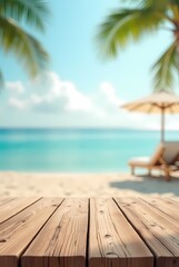 Fototapeta premium Wooden table top and blurred background with summer beach and sky for your product montage
