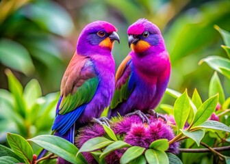 Fototapeta premium Panoramic View of Vibrant Purple Love Birds Nestled Amidst Lush Greenery in a Serene Natural Habitat, Capturing the Beauty of Nature and Avian Romance in Stunning Detail