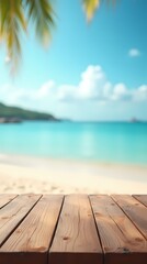 Fototapeta premium Wooden table top and blurred background with summer beach and sky for your product montage