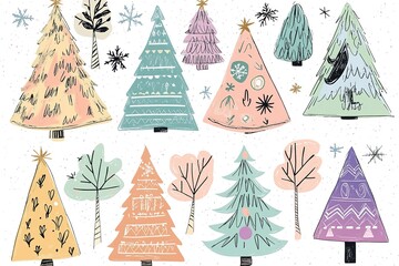 Christmas tree elements set, vector graphics, pastel colors, cute design, hand-drawn style, simple shapes, simple lines, clip art set