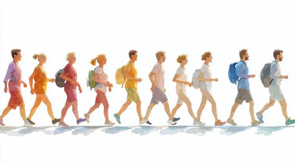 Obraz premium group of diverse people walking in line, showcasing unity and determination. individuals wear casual clothing and carry backpacks, representing active lifestyle