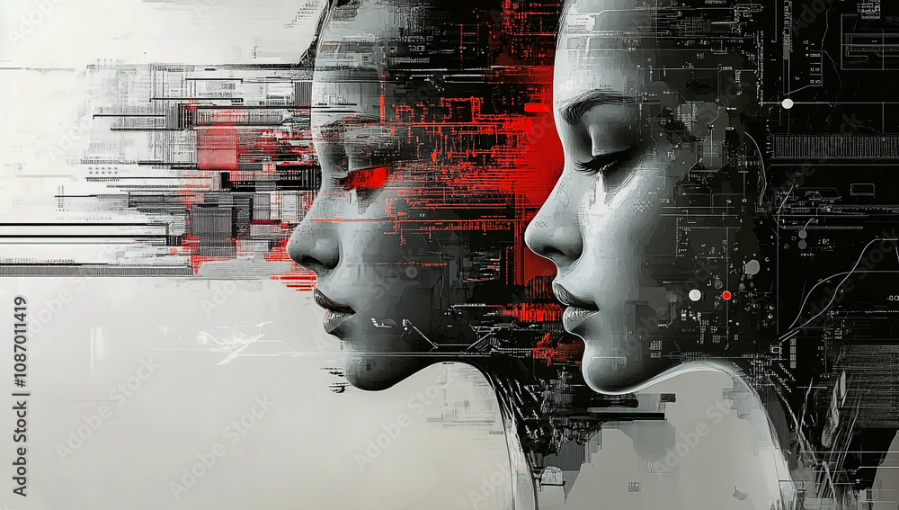 Aufkleber an abstract representation of a female face involving futuristic circuitry and code.