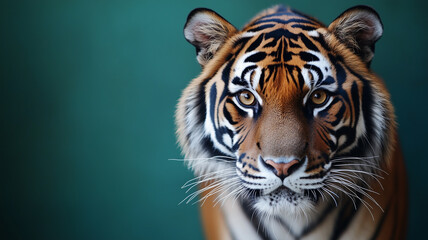 majestic close up portrait of Bengal tiger face, showcasing its striking features and intense gaze. vibrant colors and details highlight beauty of this magnificent animal