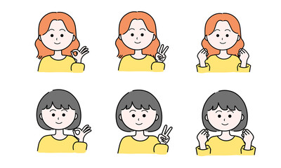 女性イラストセット／OK／ピース／ガッツポーズ