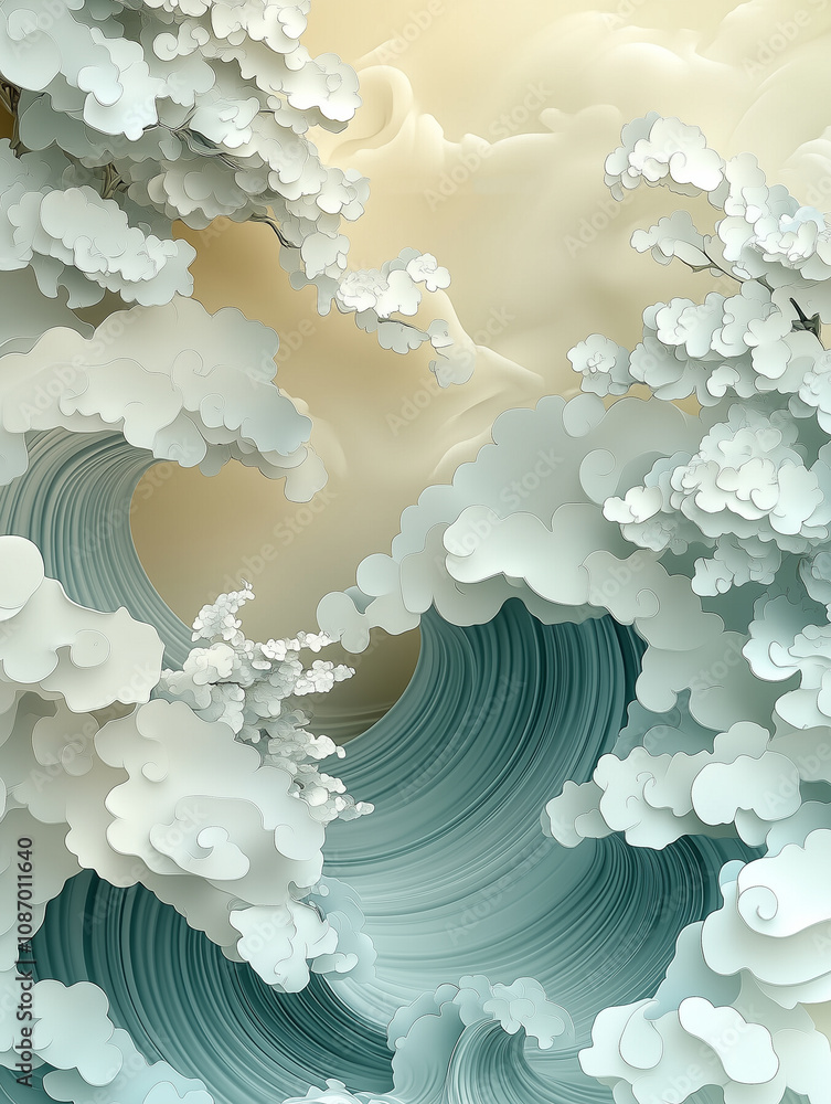 Aufkleber soft and dreamy illustration of ocean with large waves and fluffy clouds, creating serene and tranqu