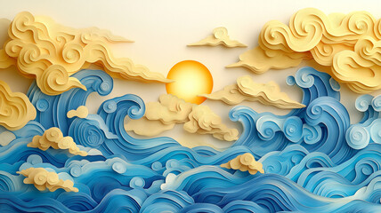 Colorful waves and golden clouds create serene sunset scene, with sun shining through clouds, evoking sense of calm and beauty
