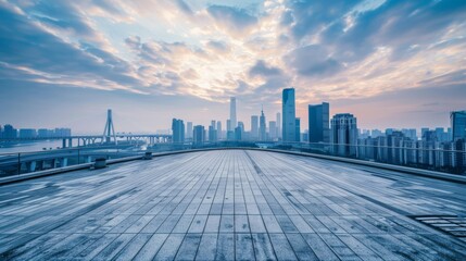 Empty square floor with city skyline background, Urban square with outdoor book fair, literary city scene