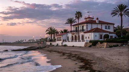 Obraz premium Spanish villa architecture right on the beach with amazing oceans views at dusk