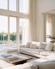Refined Modern Living Area Showcasing Neutral Tone Decor and Oversized Window Walls