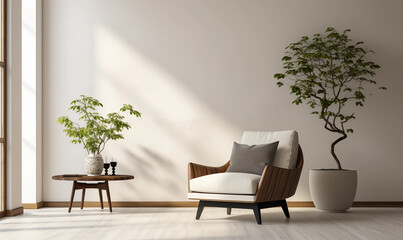 Modern Minimalist Living Room White Armchair Wooden Coffee Table Plants