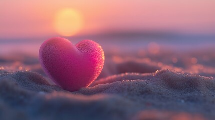 Fototapeta premium Pink heart-shaped sand on the beach with pink sunset.
