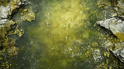 Aerial View of a Swampy Pond Surrounded by Rocks and Aquatic Plants.  This image offers a unique texture and color palette perfect for design projects.