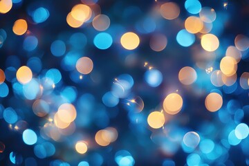 Fototapeta premium A blurry, out-of-focus background of dark blue with bokeh lights and fireworks in the foreground.