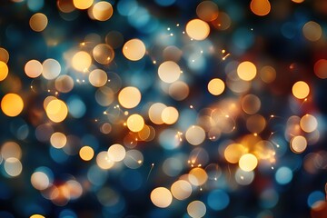 Fototapeta premium A blurry, out-of-focus background of dark blue with bokeh lights and fireworks in the foreground.