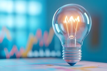 A light bulb with an arrow pointing upwards and surrounded by financial graphs