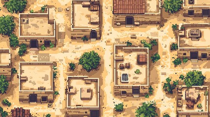 Aerial View of a Pixel Art Desert Village A Bird's-Eye Perspective of Traditional Architecture and Lush Greenery.