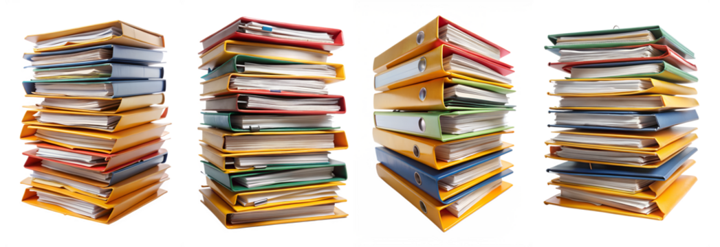 Set of stack folders with documents on transparent background. The concept of archival documents jammed at work.