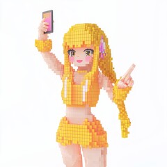 Pixelated 8-Bit Style NPC Female Trendy Influencer Model Taking Selfie in Fashionable Outfit on White Background