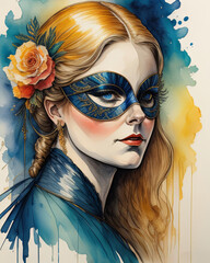 Elegant Masked Woman in Watercolor