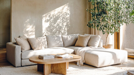 Spacious living room with neutral sectional sofa, wooden coffee table, and vibrant indoor plants for a serene ambiance
