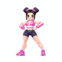 Pixelated 8-Bit NPC Female Fitness Trainer Model Demonstrating Exercises in Trendy Athletic Wear on White Background