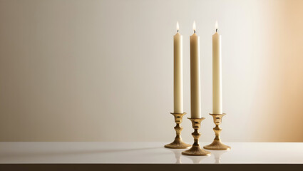 Three slender white candles set on ornate gold candlesticks sit on a table.