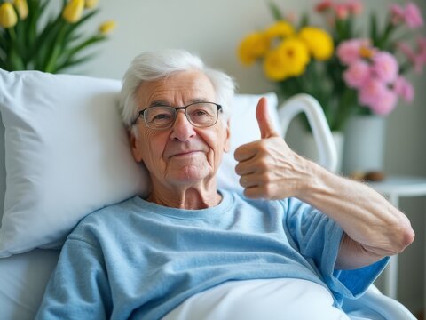 Senior man lying in a hospital bed with a thumbs-up gesture, wearing glasses and smiling, surrounded by flowers in a bright room