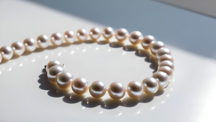 Strands of luminous white pearls gracefully arranged in a gentle curve against a pristine white background.