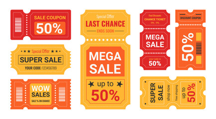 Sales and discounts coupons and tickets, sale's chance stickers. Business labels. Vector illustration, design graphic elements for shops and markets.