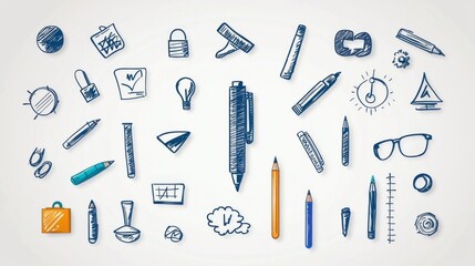 Obraz premium Doodle Icon Collection for Business Finance Technology Education Sport Transport, Hand-drawn illustrations on a whiteboard, showcasing various themes and concepts.