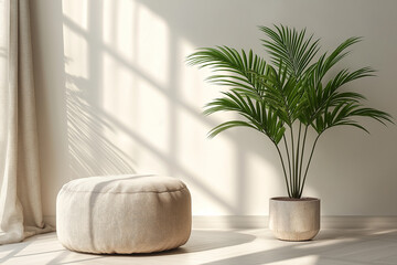 Beige round ottoman in the living room, soft fabric texture, clean and simple background