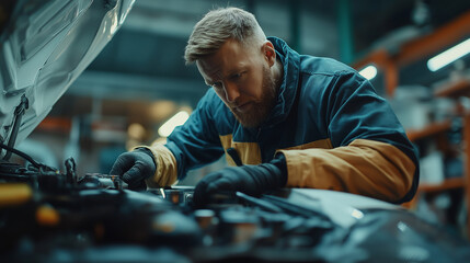 Mechanic in uniform working on engine of open hood of car, garage for repair work